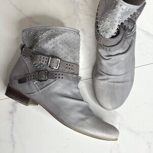 Felmini Anthropologie Distressed Leather Perforated Dove Gray Ankle Boots 38 7.5